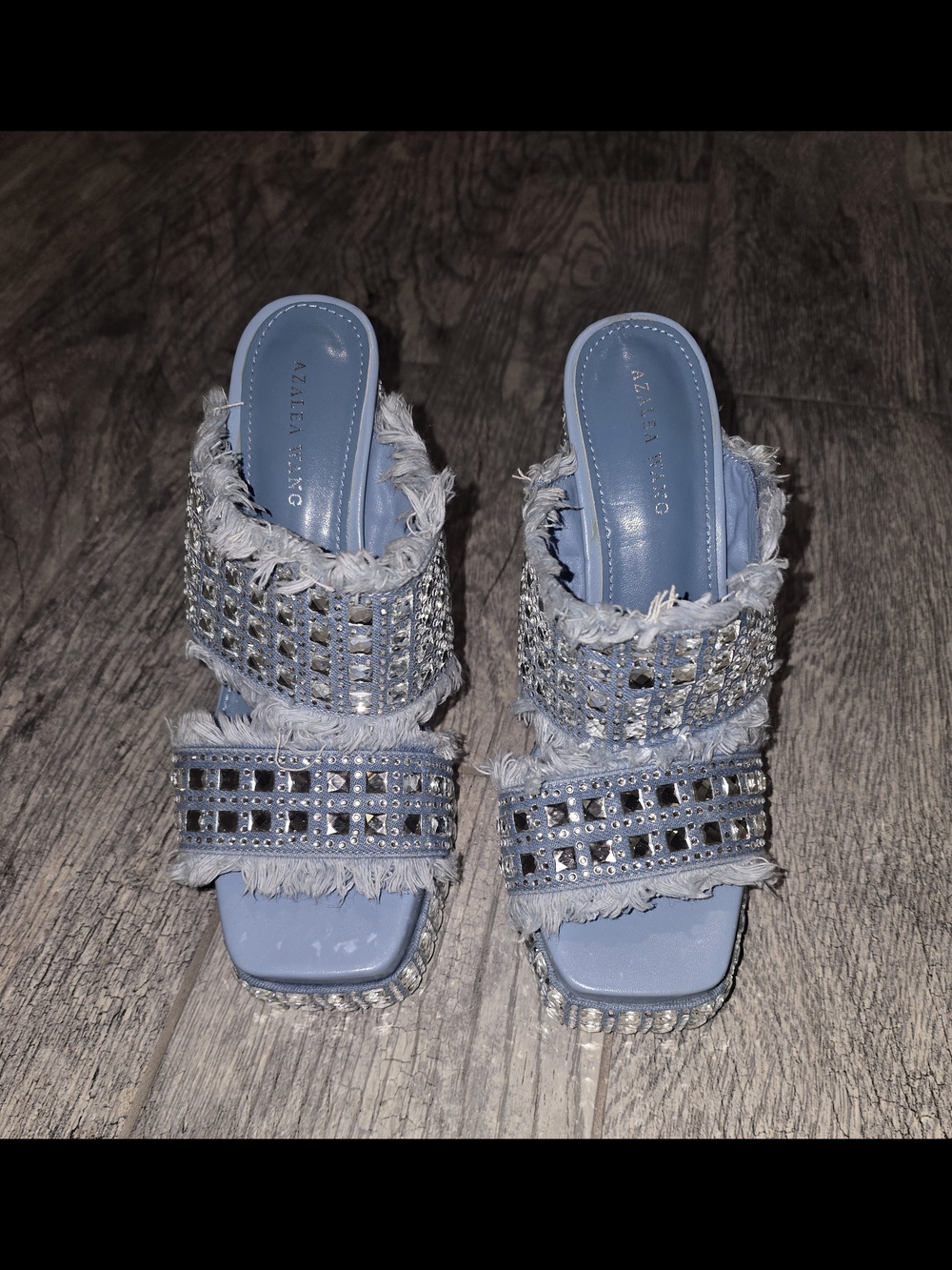 Azalea Wang Light Blue Embellished Frayed Double-Strap Mules